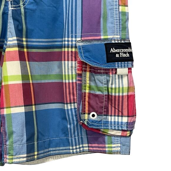 Abercrombie Fitch Cargo Tugger Board Shorts Men's M Multicolor Plaid Swim Trunk - Picture 5 of 8